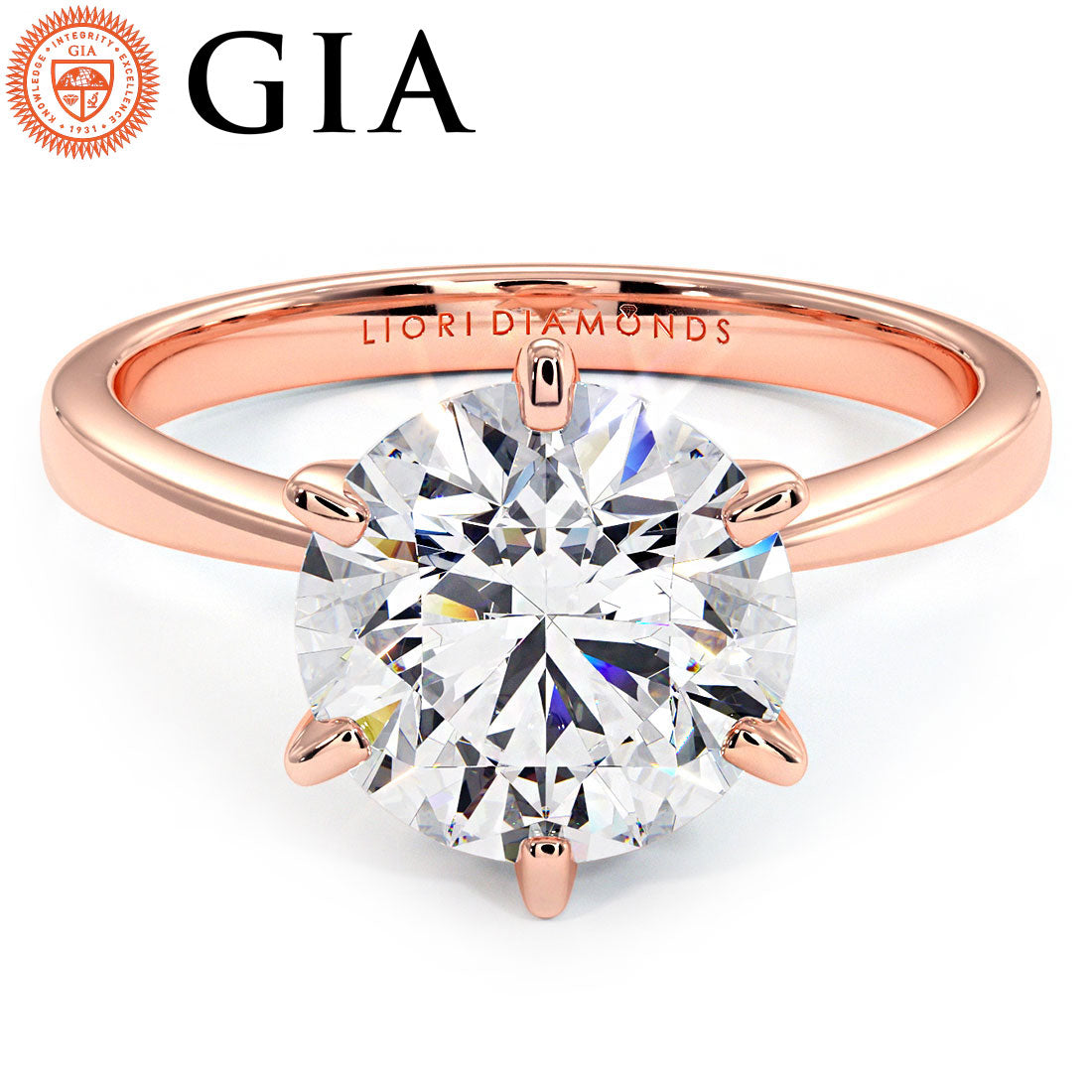 3.20ct GIA Certified F-VS1 Round Brilliant Petite Tapered 6 Prong Solitaire Lab Grown Diamond Engagement Ring set in 14k Rose Gold