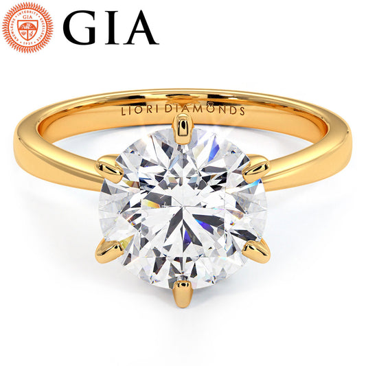3.14ct GIA Certified F-VS1 Round Brilliant Petite Tapered 6 Prong Solitaire Lab Grown Diamond Engagement Ring set in 14k Yellow Gold