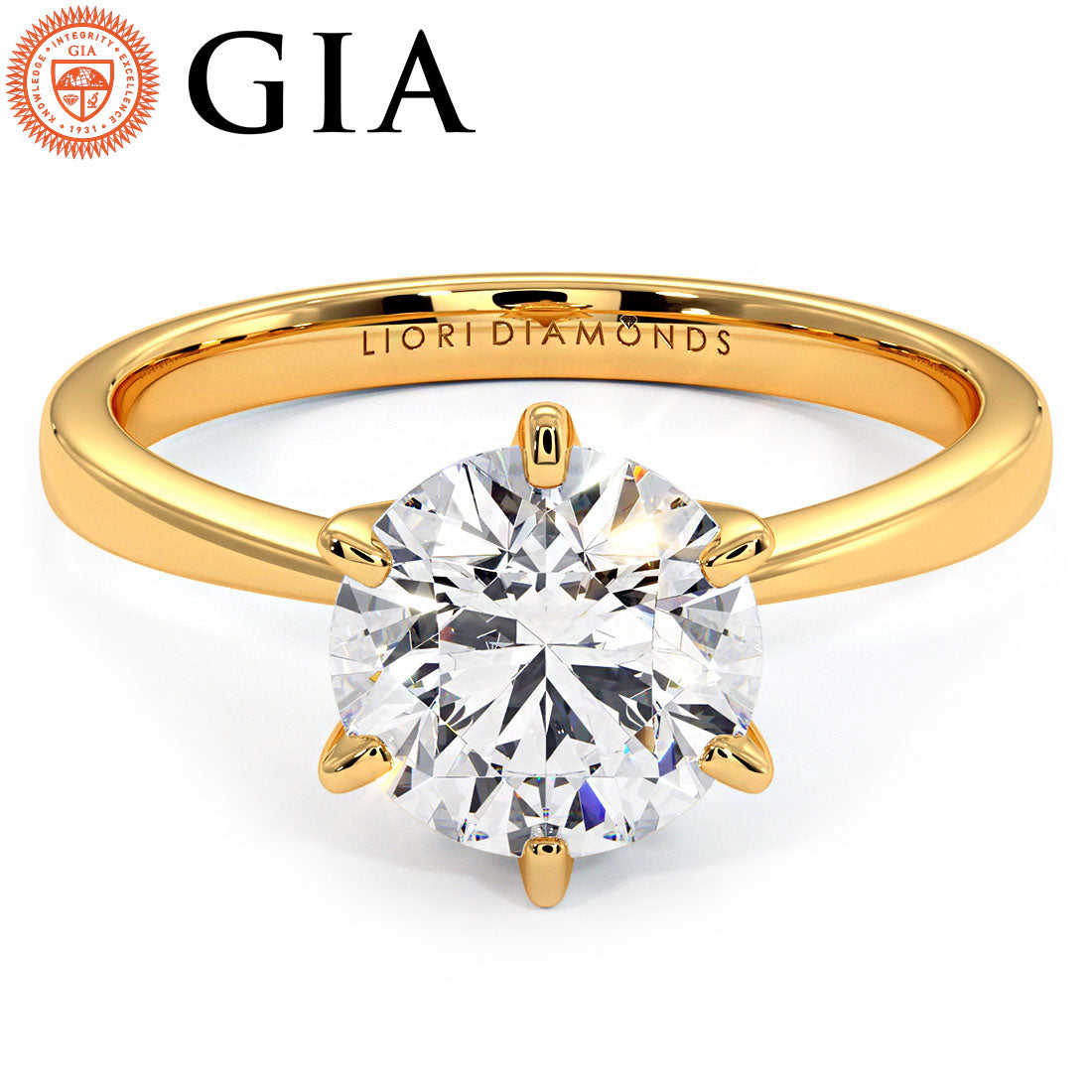 1.52ct GIA Certified Round Brilliant Petite Tapered 6 Prong Solitaire Lab Grown Diamond Engagement Ring set in 14k Yellow Gold