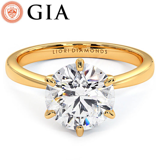 2.01 Carat GIA Certified Round Brilliant Petite Tapered 6 Prong Solitaire Lab Grown Diamond Engagement Ring set in 14k Yellow Gold