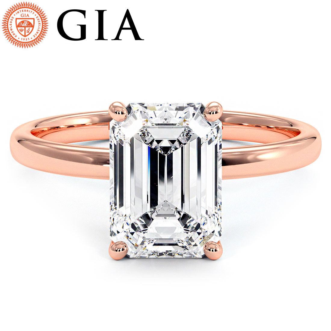 2.00 Carat GIA Certified Emerald Cut Petite Wire Solitaire Lab Grown Diamond Engagement Ring set in 14k Rose Gold