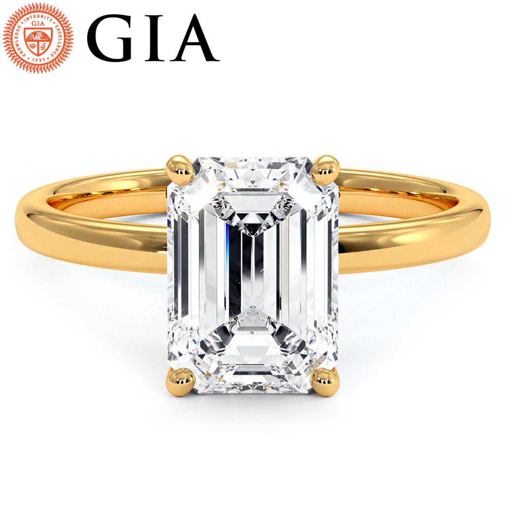 2.00 Carat GIA Certified Emerald Cut Petite Wire Solitaire Lab Grown Diamond Engagement Ring set in 14k Yellow Gold