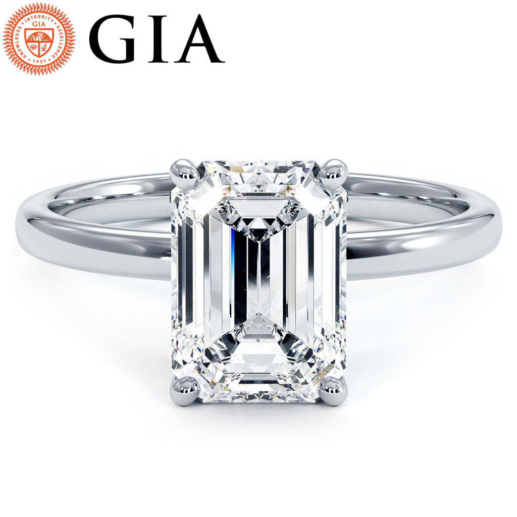 2.00 Carat GIA Certified Emerald Cut Petite Wire Solitaire Lab Grown Diamond Engagement Ring set in 14k White Gold