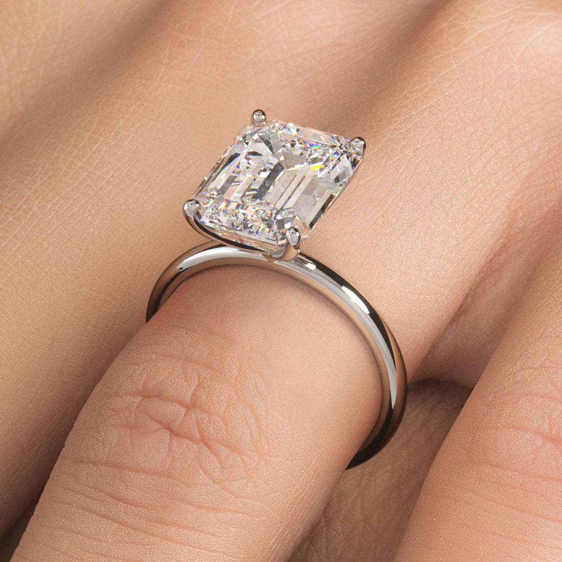 4.41 Carat GIA Certified Emerald Cut Petite Wire Solitaire Lab Grown Diamond Engagement Ring set in 14k White Gold