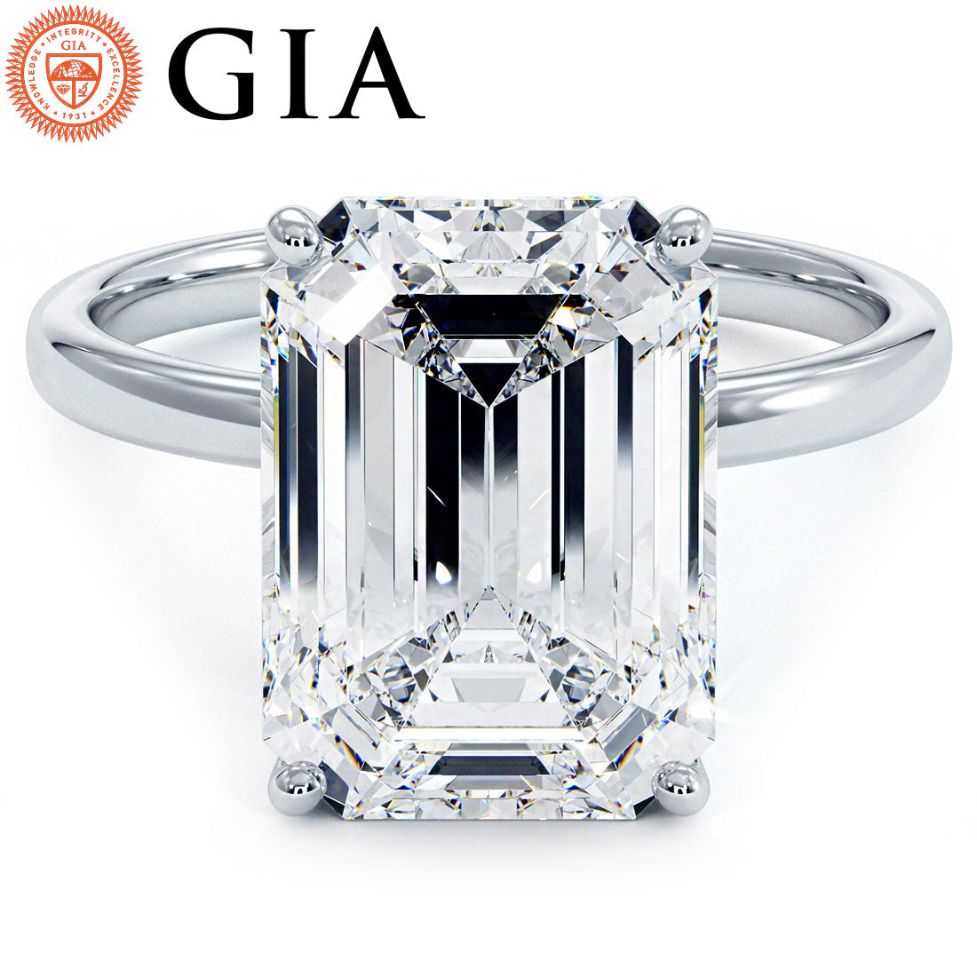 4.41 Carat GIA Certified Emerald Cut Petite Wire Solitaire Lab Grown Diamond Engagement Ring set in Platinum