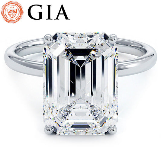 4.41 Carat GIA Certified Emerald Cut Petite Wire Solitaire Lab Grown Diamond Engagement Ring set in 14k White Gold