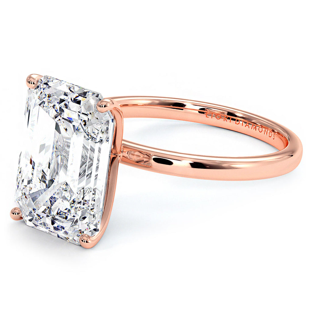 4.41 Carat GIA Certified Emerald Cut Petite Wire Solitaire Lab Grown Diamond Engagement Ring set in 14k Rose Gold