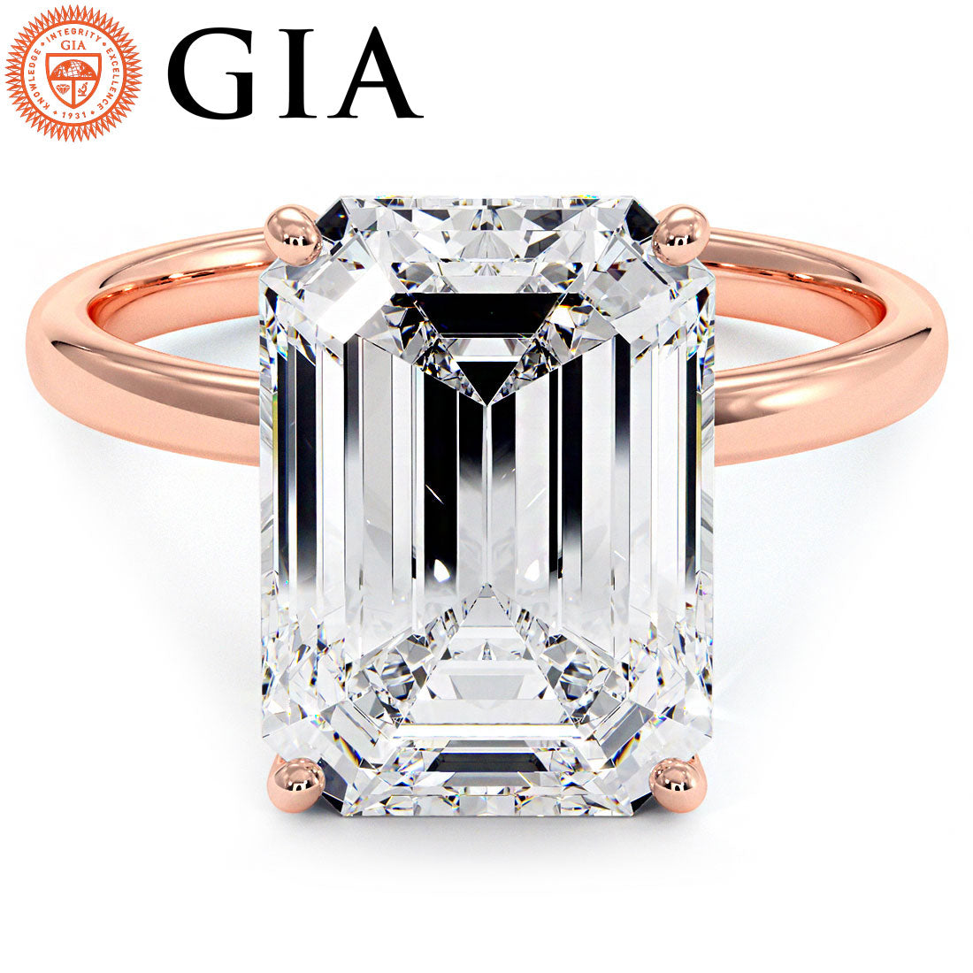 4.41 Carat GIA Certified Emerald Cut Petite Wire Solitaire Lab Grown Diamond Engagement Ring set in 14k Rose Gold