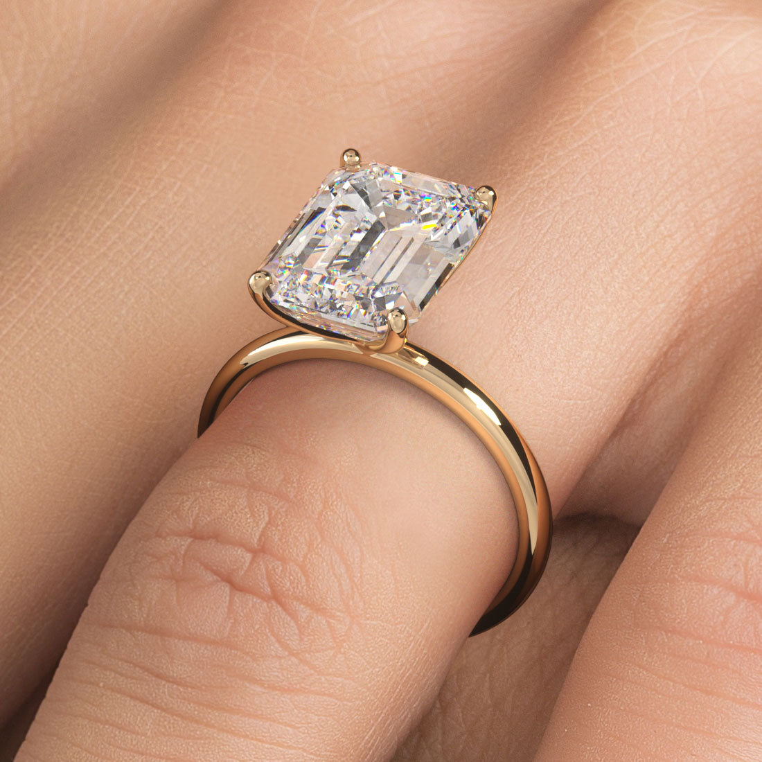 4.41 Carat GIA Certified Emerald Cut Petite Wire Solitaire Lab Grown Diamond Engagement Ring set in 14k Yellow Gold