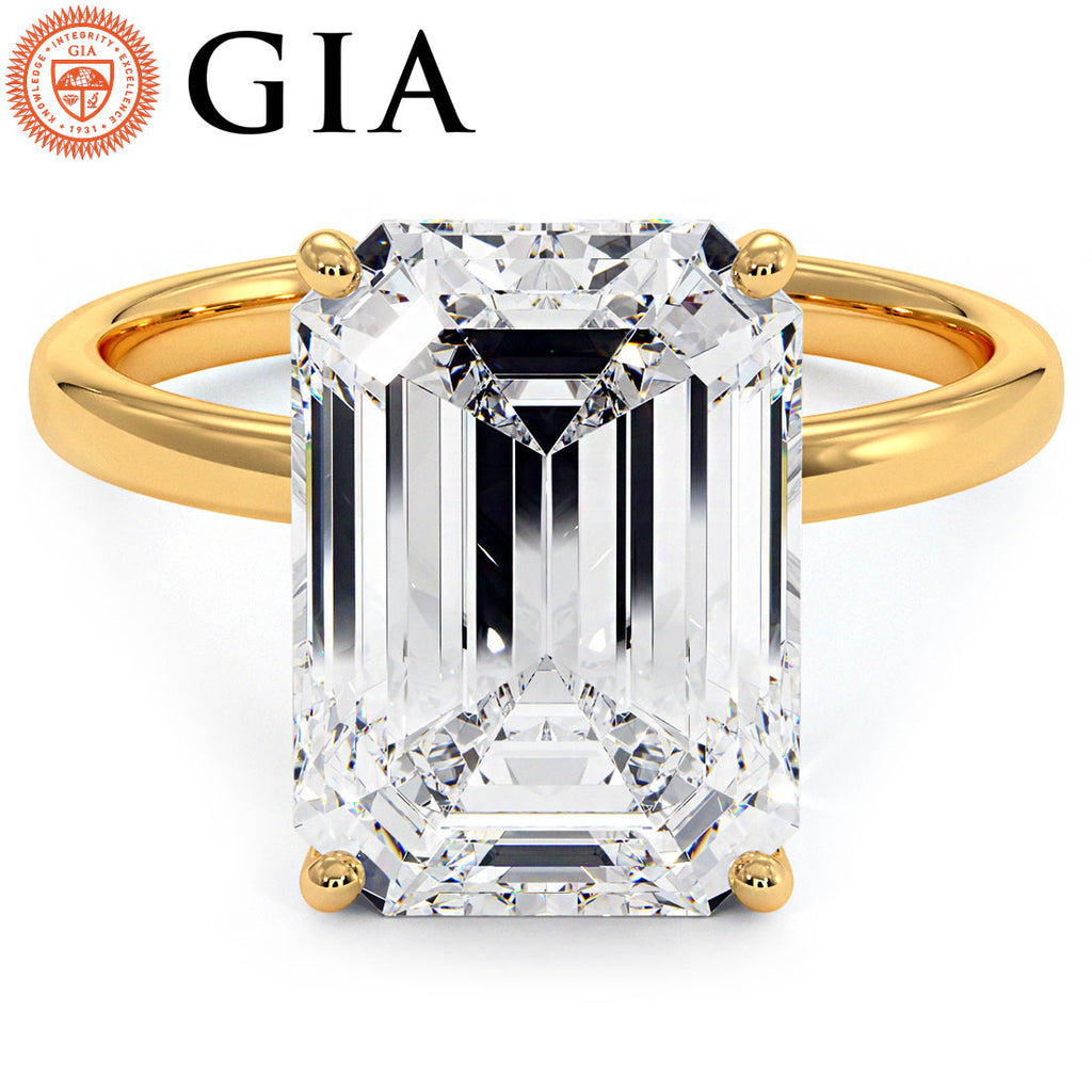 4.41 Carat GIA Certified Emerald Cut Petite Wire Solitaire Lab Grown Diamond Engagement Ring set in 14k Yellow Gold