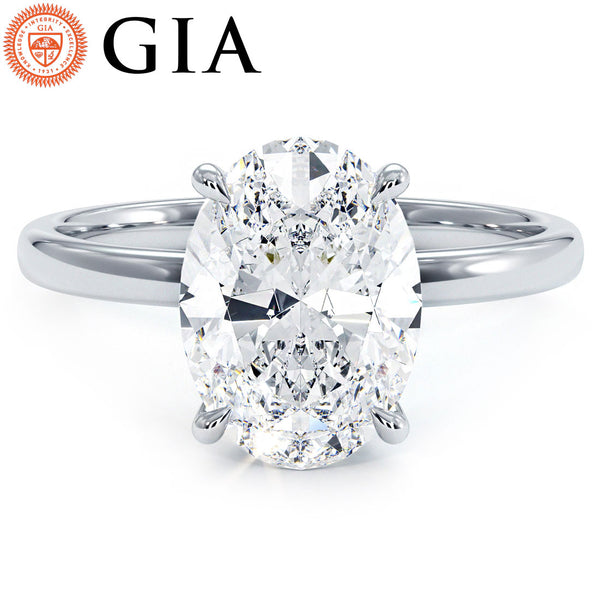 2.64ct GIA Certified Oval Cut Petite Wire Solitaire Lab Grown Diamond Engagement Ring set in 14k White Gold