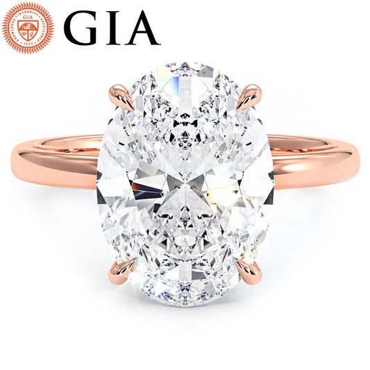 5.03 Carat GIA Certified Oval Cut Petite Wire Solitaire Lab Grown Diamond Engagement Ring set in 14k Rose Gold