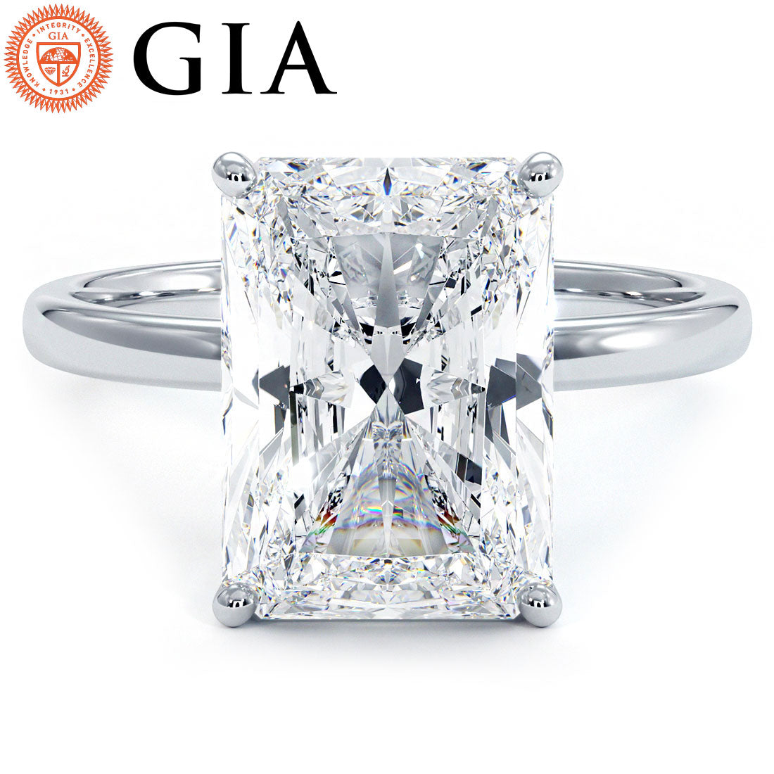 4.53 Carat GIA Certified E-VVS2 Radiant Cut Petite Wire Solitaire Lab Grown Diamond Engagement Ring set in 14k White Gold