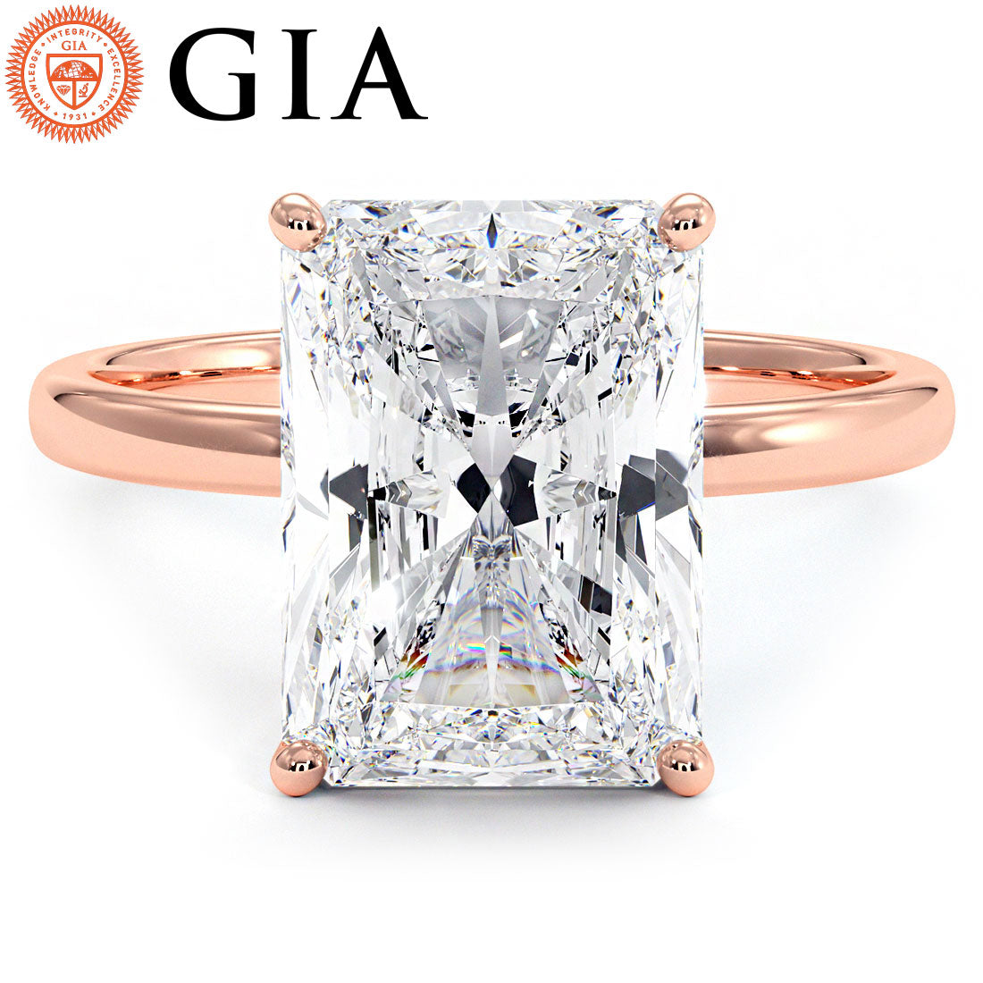 4.53 Carat GIA Certified E-VVS2 Radiant Cut Petite Wire Solitaire Lab Grown Diamond Engagement Ring set in 14k Rose Gold