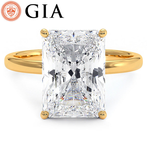4.53 Carat GIA Certified E-VVS2 Radiant Cut Petite Wire Solitaire Lab Grown Diamond Engagement Ring set in 14k Yellow Gold