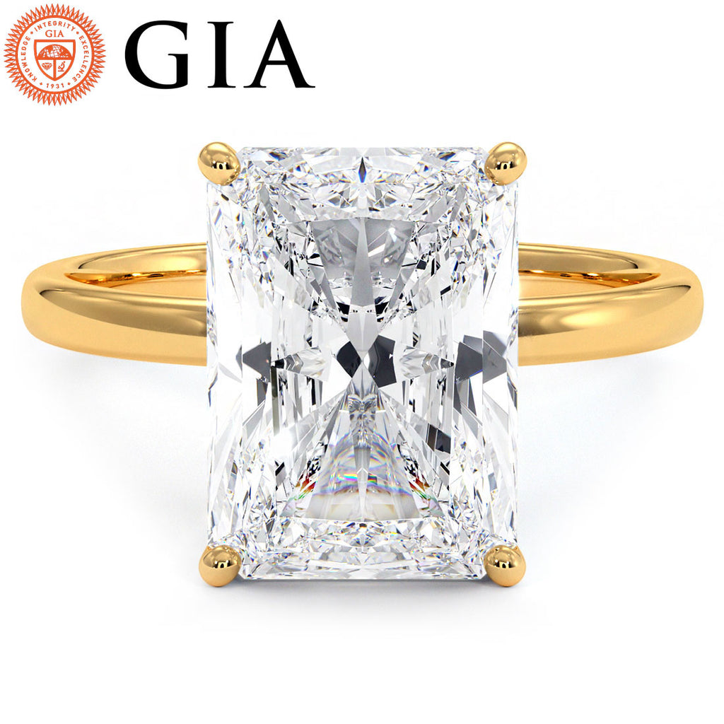 4.23 Carat GIA Certified Radiant Cut Petite Wire Solitaire Lab Grown Diamond Engagement Ring set in 14k Yellow Gold