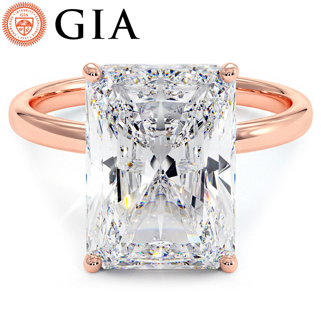 4.23 Carat GIA Certified Radiant Cut Petite Wire Solitaire Lab Grown Diamond Engagement Ring set in 14k Rose Gold