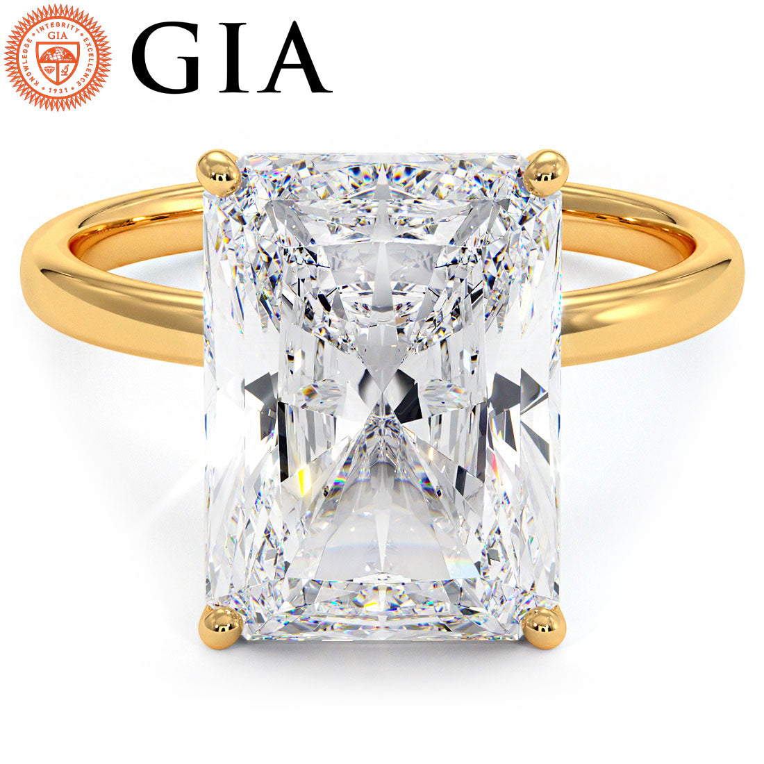 4.23 Carat GIA Certified Radiant Cut Petite Wire Solitaire Lab Grown Diamond Engagement Ring set in 14k Yellow Gold