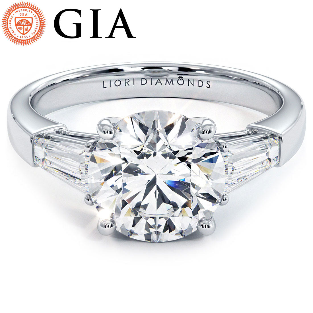 2 Carat Round Brilliant Tapered Baguette Three Stone