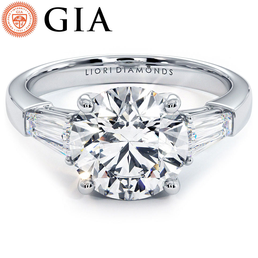 2.5 Carat Round Brilliant Tapered Baguette Three Stone