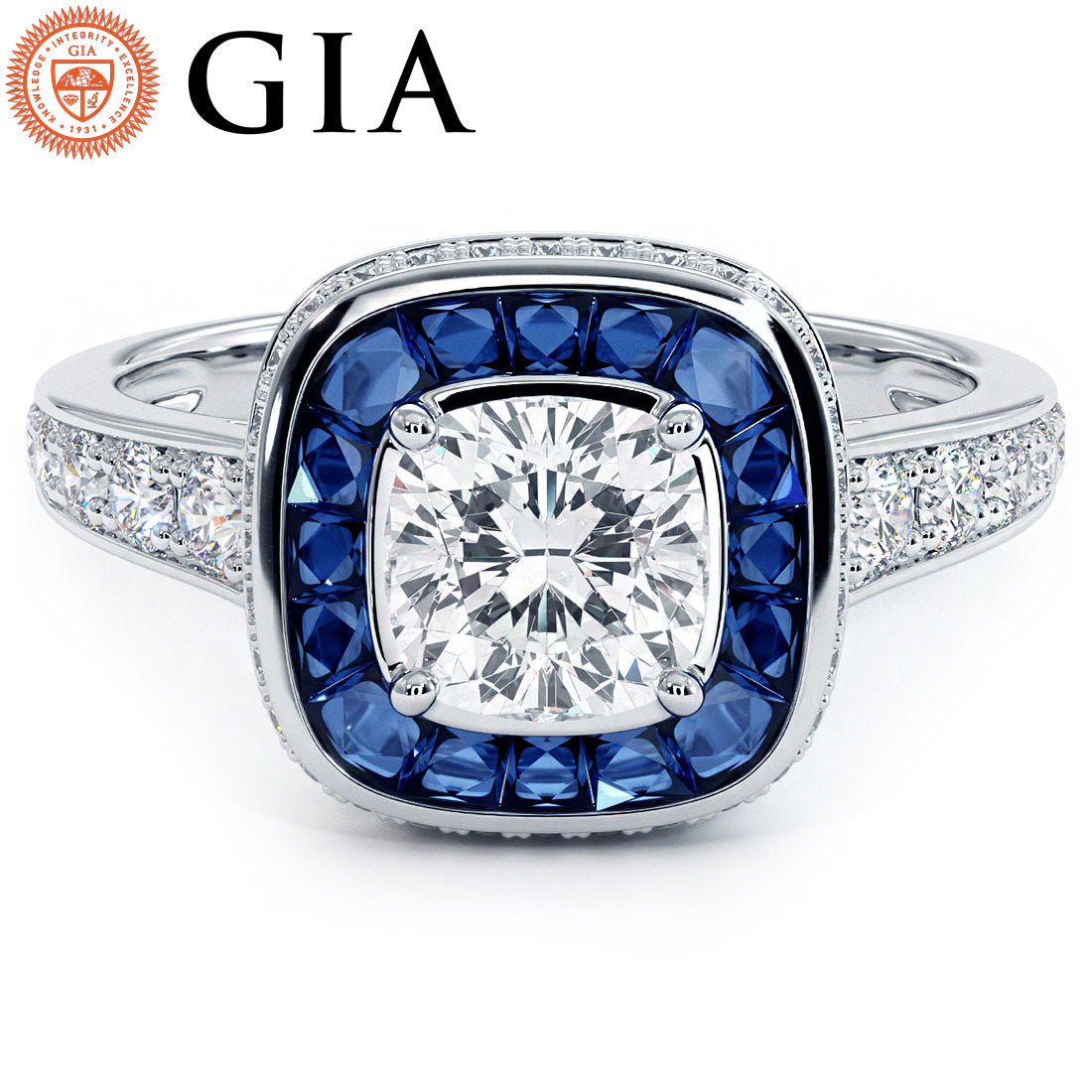 1 Carat Cushion Cut Art Deco Sapphire & Diamond