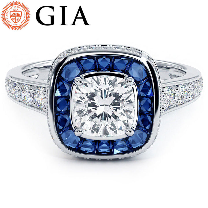 1 Carat Cushion Cut Art Deco Sapphire & Diamond