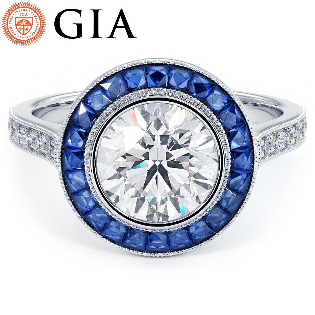 2 Carat Round Brilliant Antique Art Deco Bezel Set Sapphire & Diamond