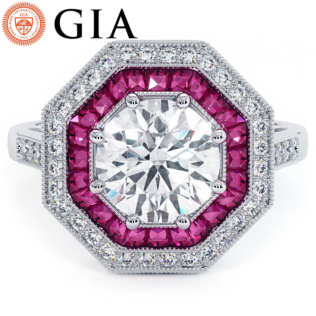 1 Carat Round Brilliant Antique Art Deco Ruby & Diamond