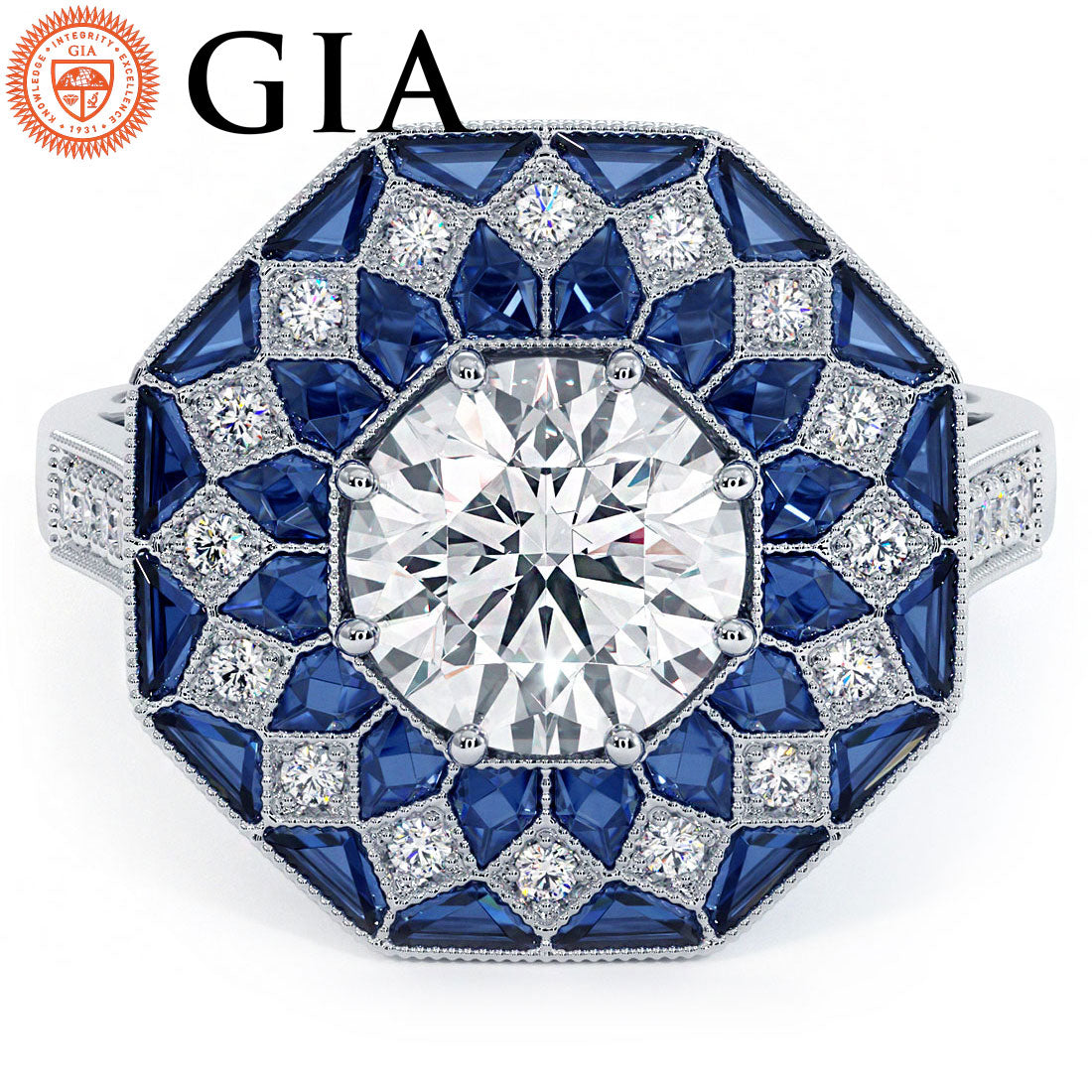 1.5 Carat Round Brilliant Antique Art Deco Sapphire & Diamond