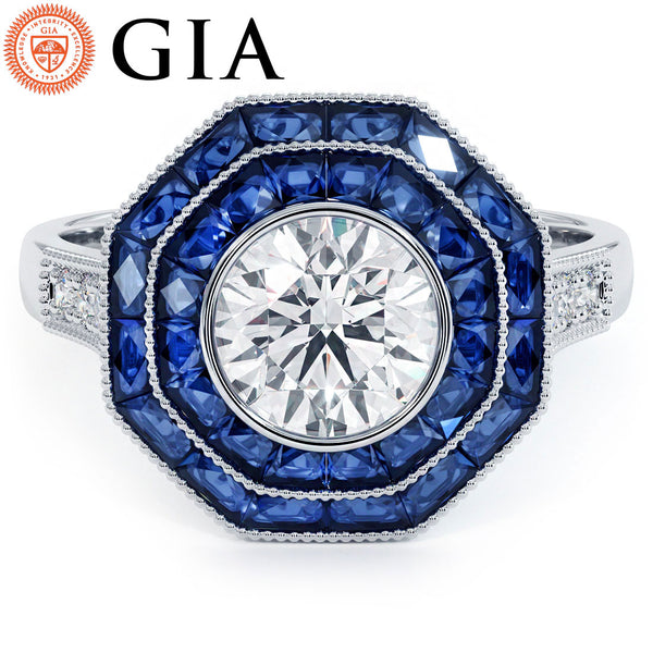 1 Carat Round Brilliant Antique Art Deco Sapphire & Diamond