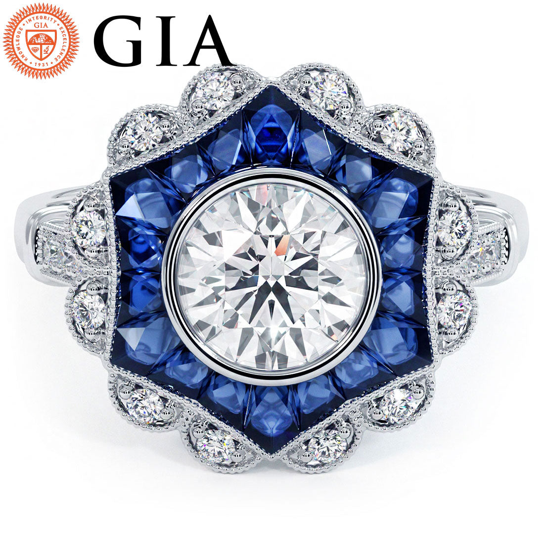 1.5 Carat Round Brilliant Antique Art Deco Sapphire & Diamond