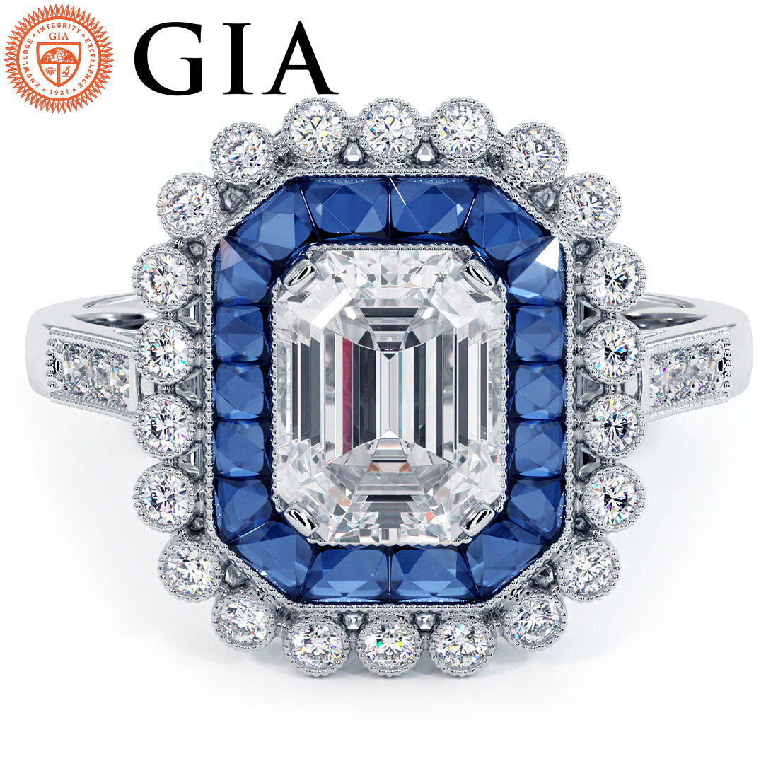 1 Carat Emerald Cut Antique Art Deco Sapphire & Diamond