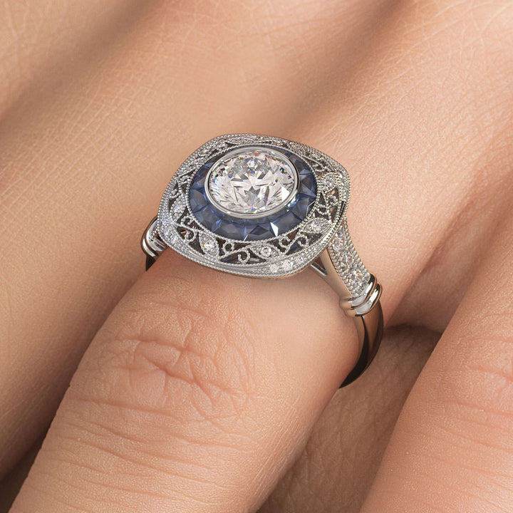 1 Carat Round Brilliant Antique Art Deco Sapphire & Diamond