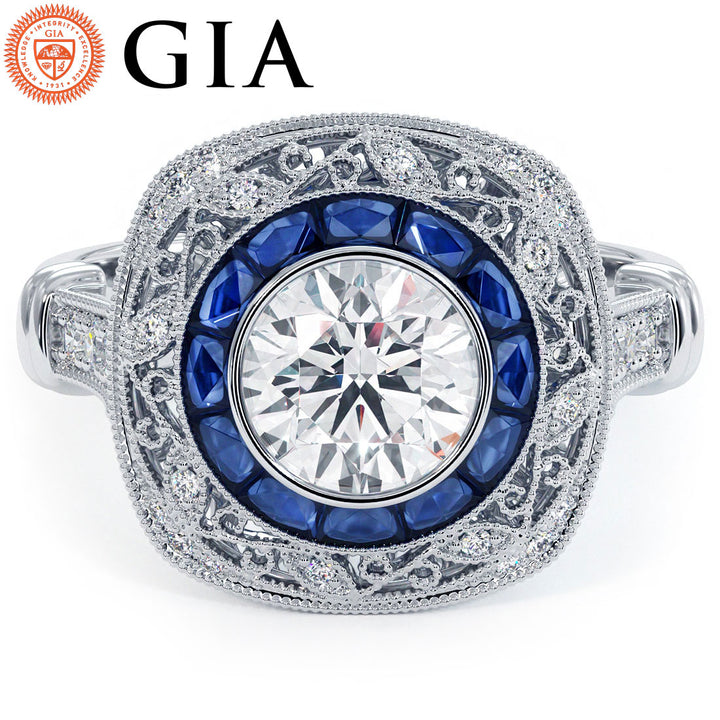 1 Carat Round Brilliant Antique Art Deco Sapphire & Diamond