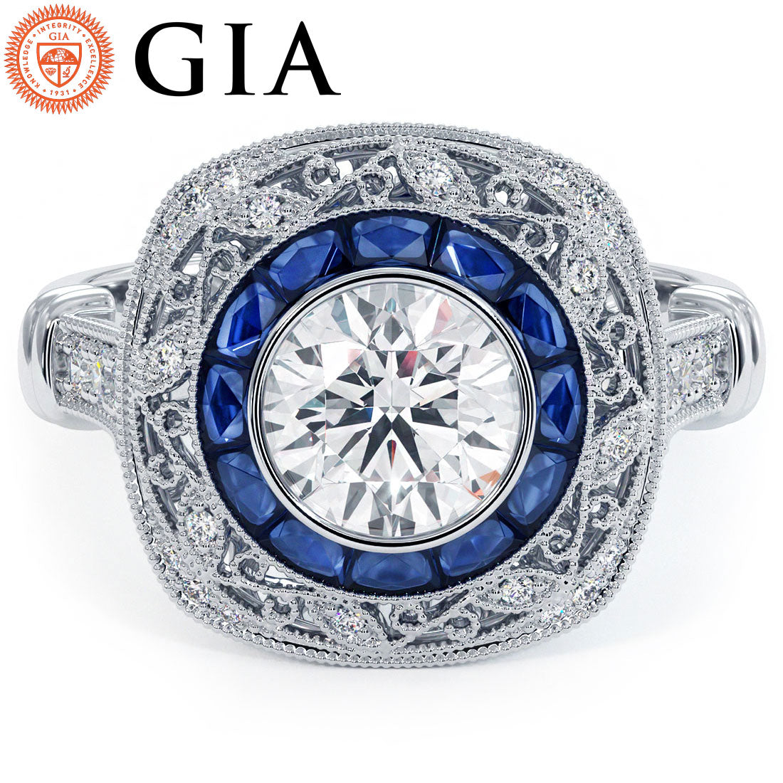 1 Carat Round Brilliant Antique Art Deco Sapphire & Diamond