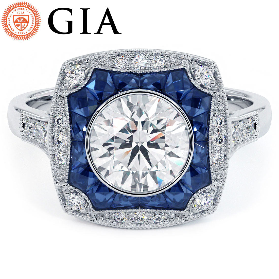 1 Carat Round Brilliant Antique Art Deco Sapphire & Diamond