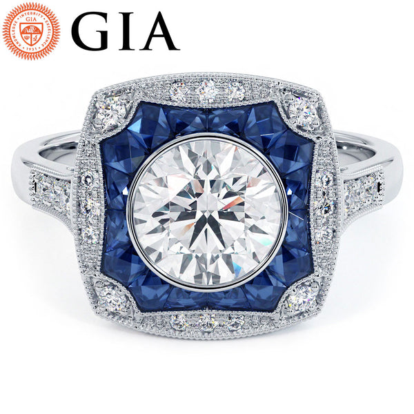 1 Carat Round Brilliant Antique Art Deco Sapphire & Diamond