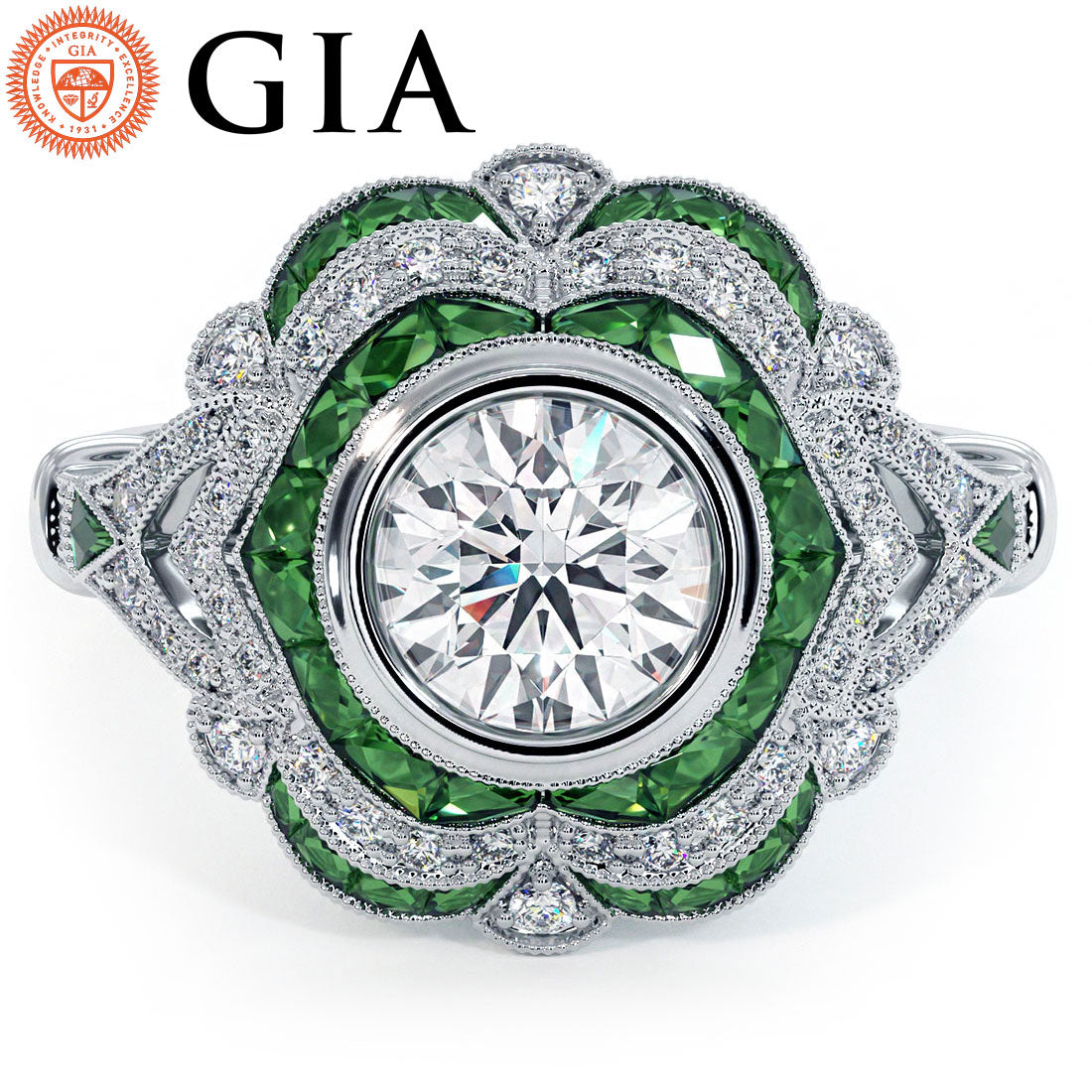 1 Carat Round Brilliant Antique Art Deco Emerald & Diamond