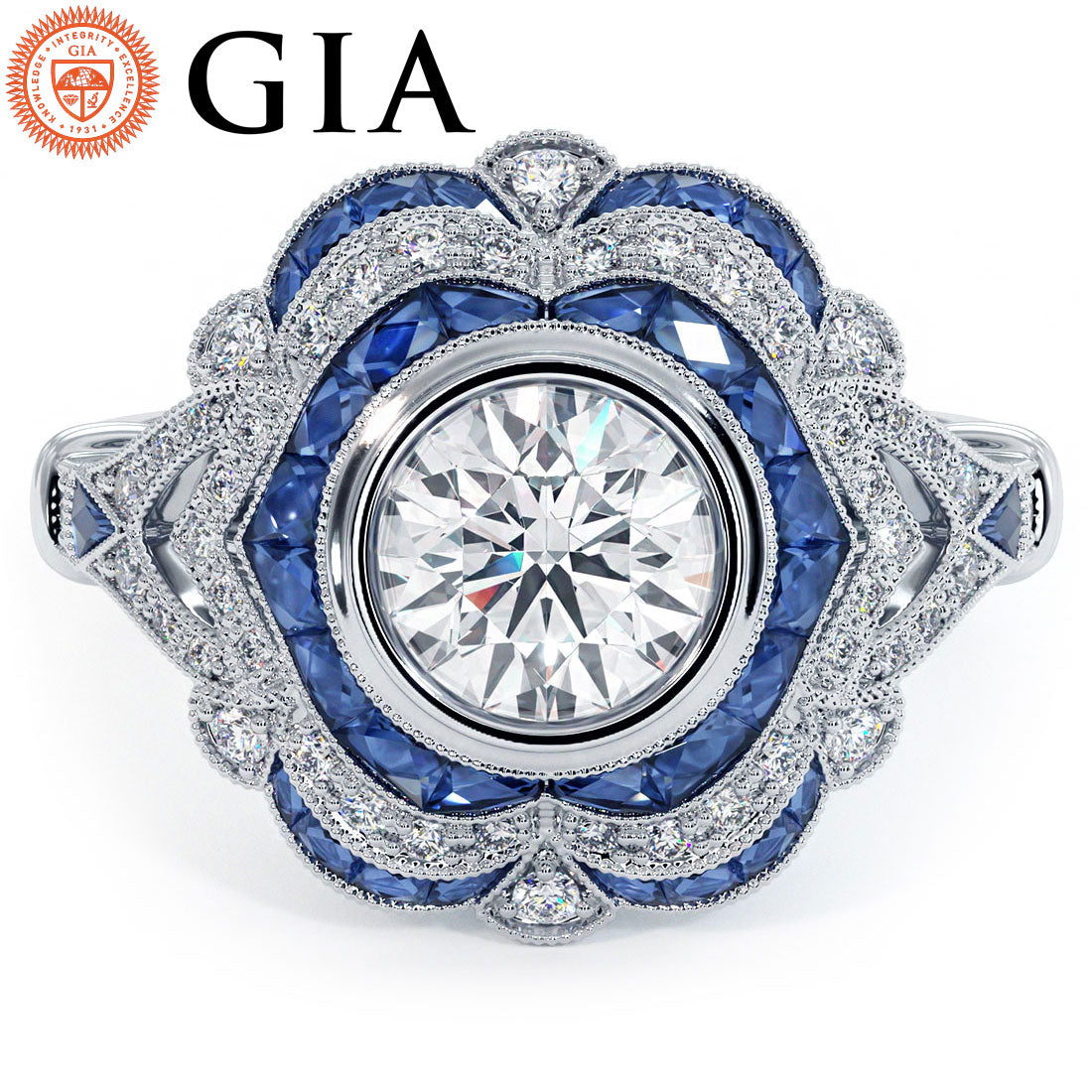 1 Carat Round Brilliant Antique Art Deco Sapphier & Diamond