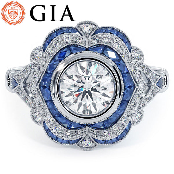 1 Carat Round Brilliant Antique Art Deco Sapphier & Diamond