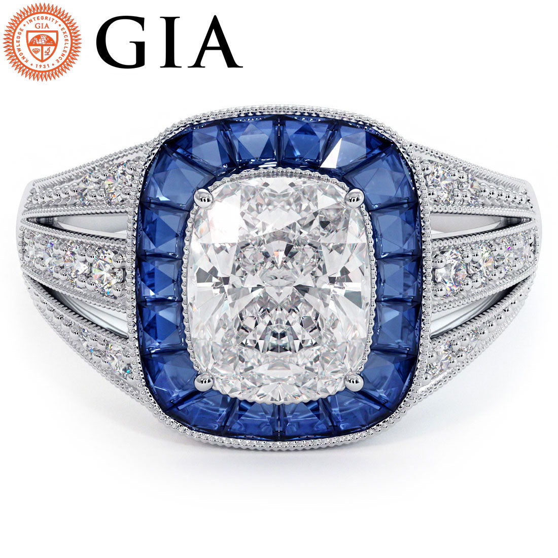 1.5 Carat Cushion Cut Antique Art Deco Sapphire & Diamond