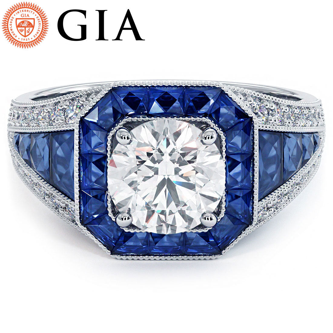 1 Carat Round Brilliant Antique Art Deco Sapphire & Diamond