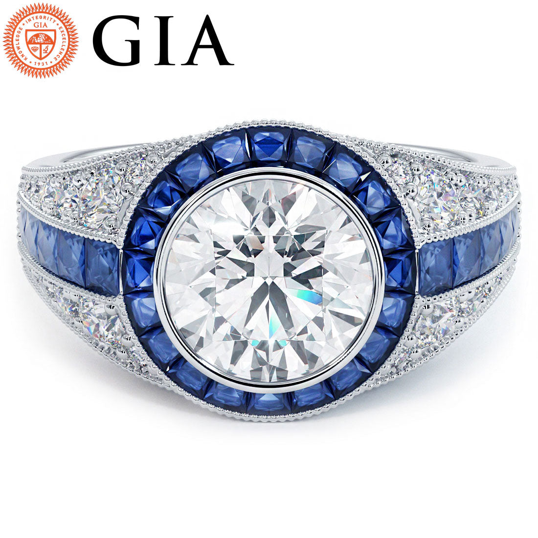 2 Carat Round Brilliant Antique Art Deco Sapphire & Diamond