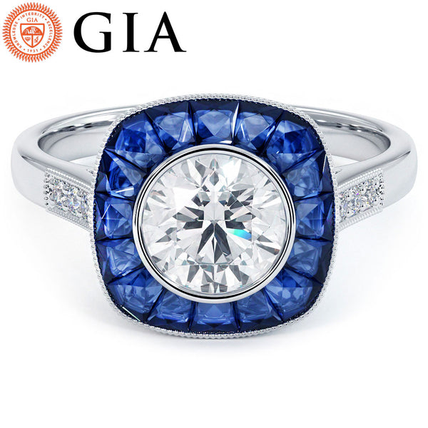 1 Carat Round Brilliant Antique Art Deco Sapphire & Diamond