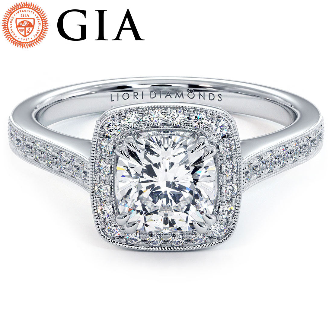 1 Carat Cushion Cut Micropavé Halo Milgrain