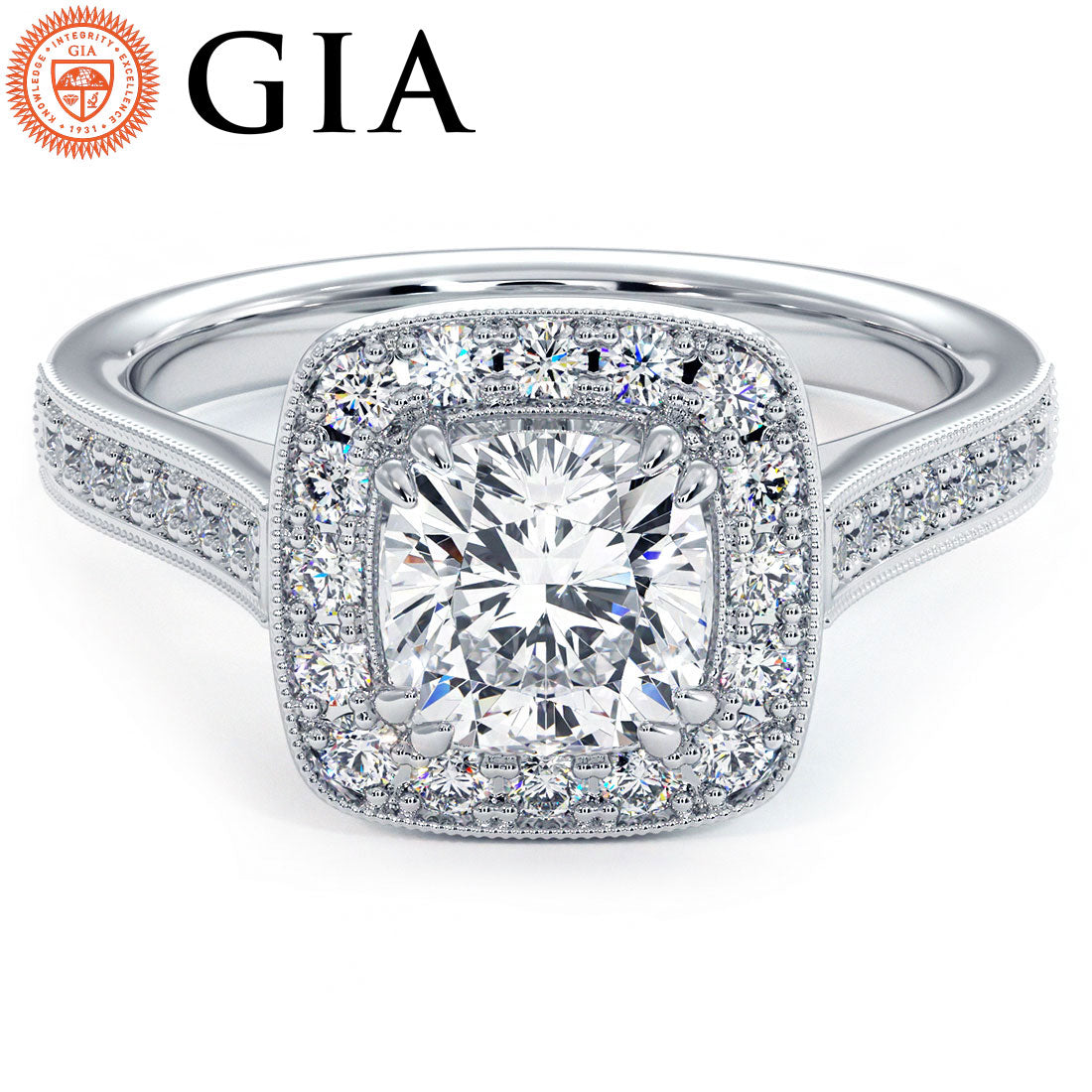 1.5 Carat Cushion Cut Micropavé Halo Milgrain
