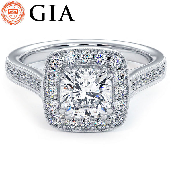 1.5 Carat Cushion Cut Micropavé Halo Milgrain
