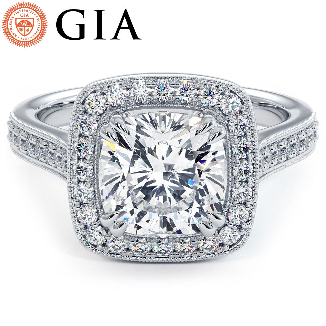 2 Carat Cushion Cut Micropavé Halo Milgrain
