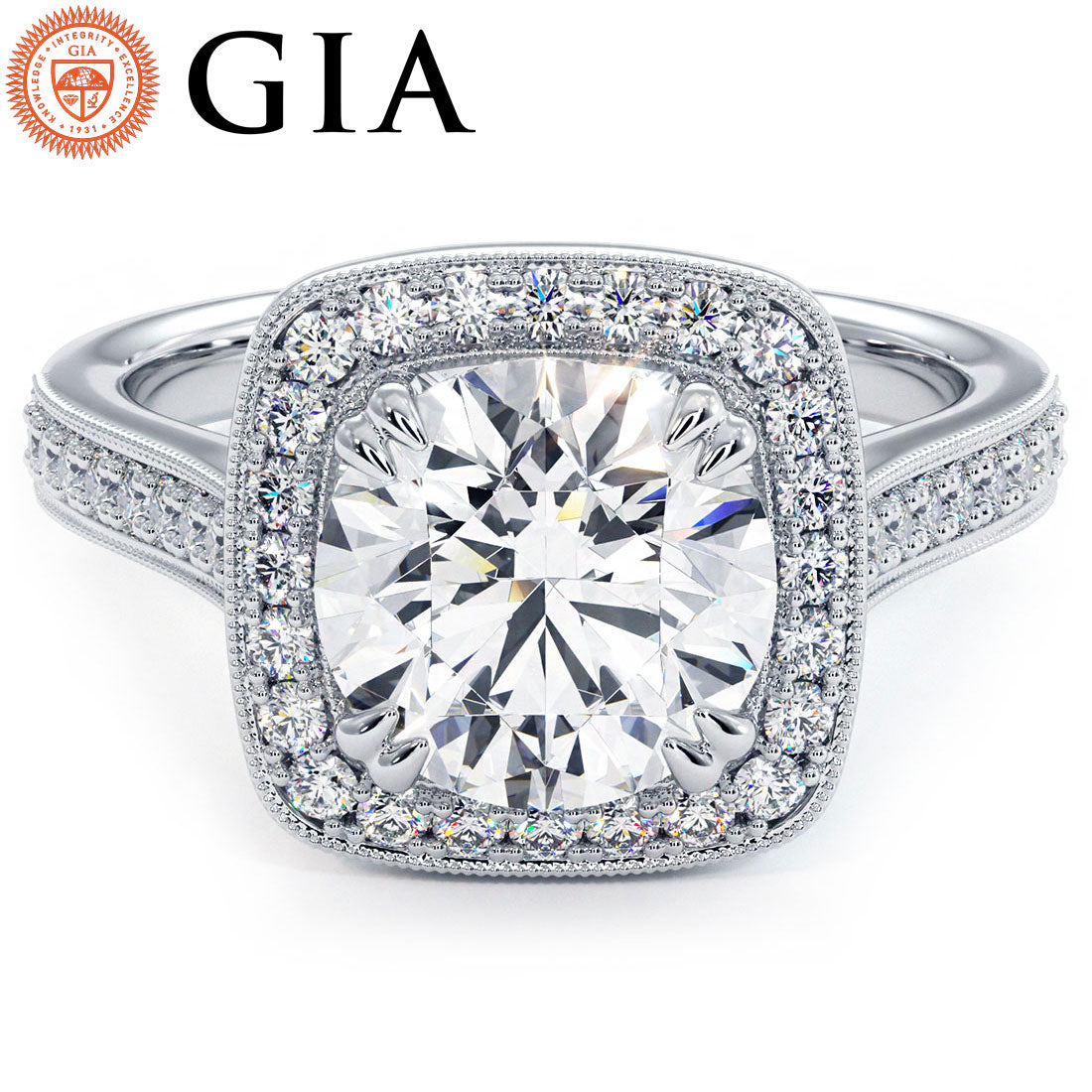 2 Carat Round Brilliant Micropavé Halo Milgrain