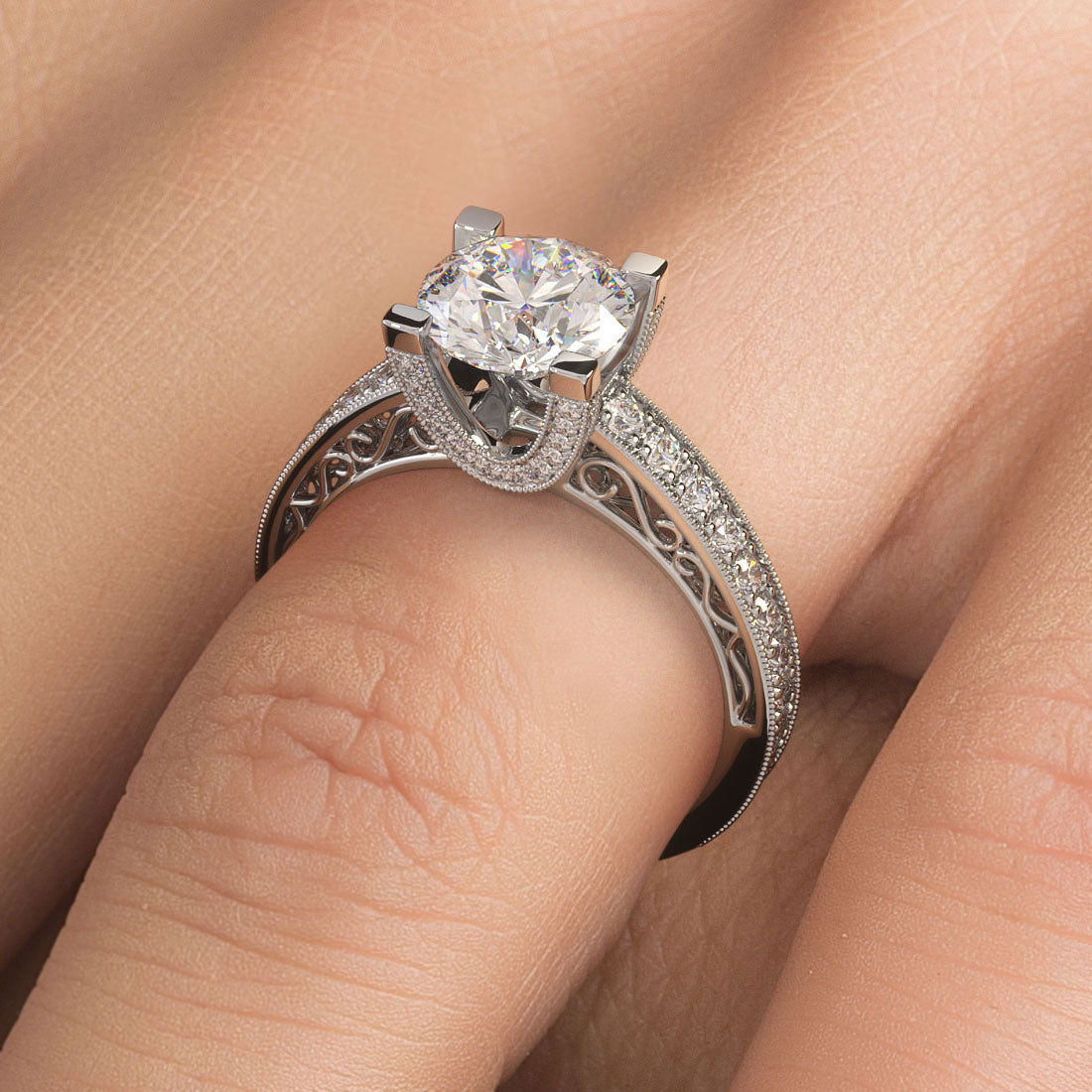 2.16ctw Round Brilliant Filigree U Shape Prongs Lab Grown Diamond Engagement Ring 14k White Gold